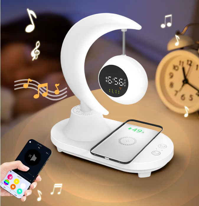 Bluetooth alarm clock speaker Bedside atmosphere night light supports mobile phone wireless charging multi-functional eye protection reading light