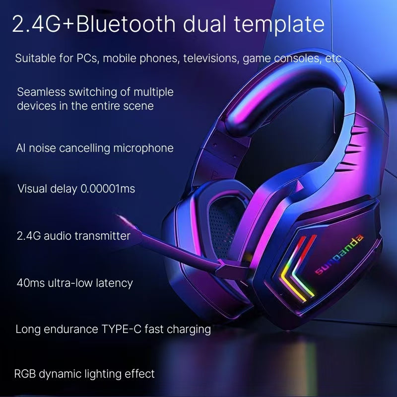 Wireless 2.4G Bluetooth dual-mode gaming headset with RGB lighting, computer and mobile phone for esports, chicken eating headset with microphone