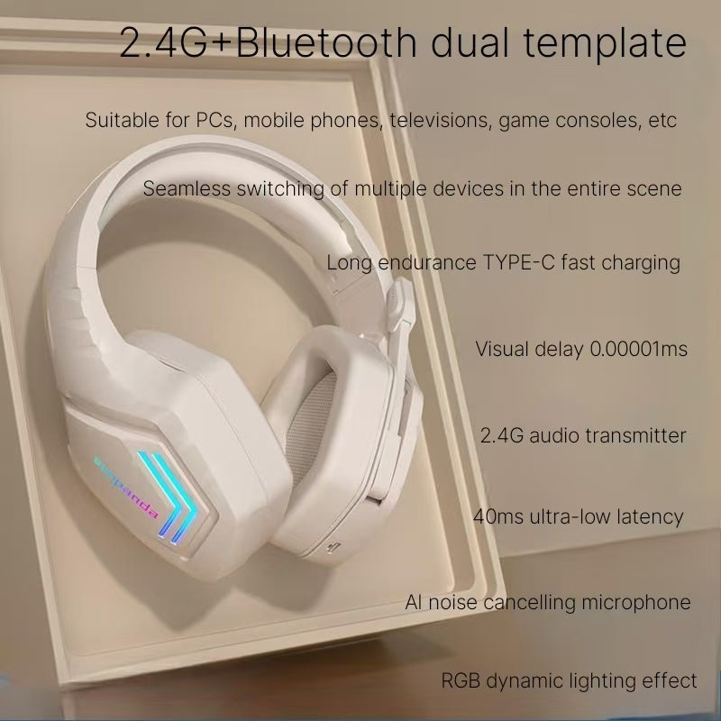 Wireless 2.4G Bluetooth dual-mode gaming headset with RGB lighting, computer and mobile phone for esports, chicken eating headset with microphone