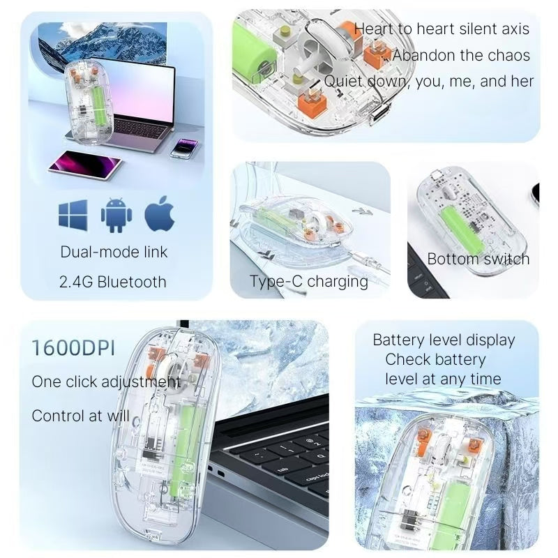 Desktop computer, laptop, office games, wireless Bluetooth charging, dual-mode crystal transparent version, silent mouse