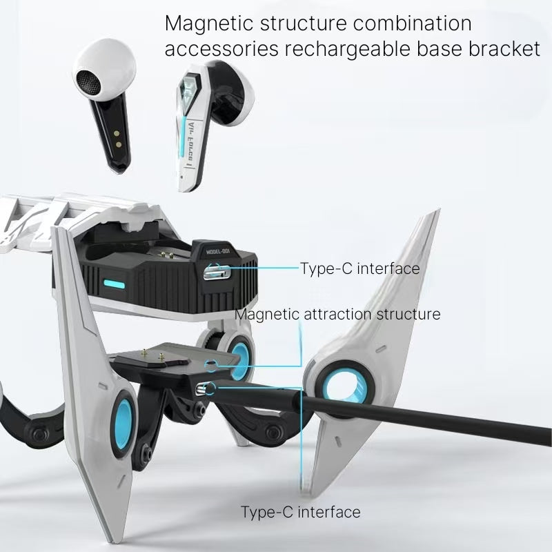 2024 Cool Mech Style Esports Earphones Bluetooth Wireless Dual Ear Ultra Long Endurance Men's Mini Games Sports